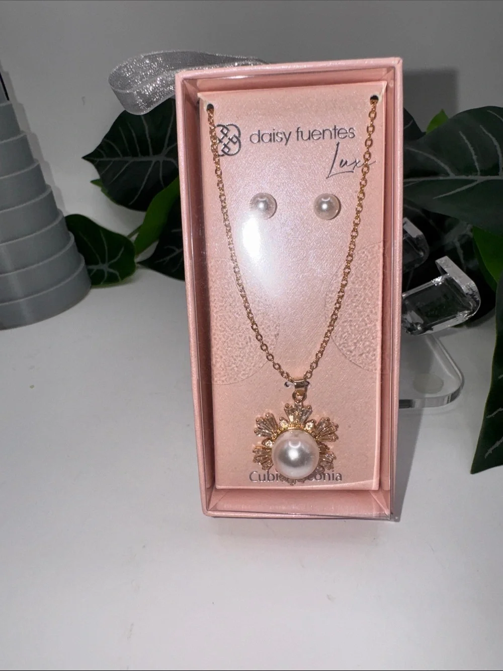Daisy Fuentes Luxe Cubic Zirconia Pearl Necklace & Earrings Set (BR222BN)